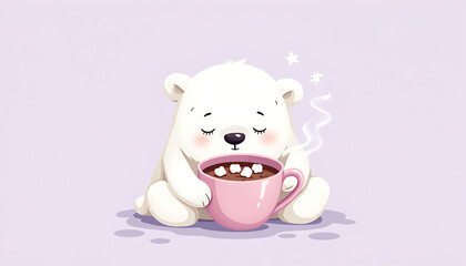 Naklejka premium Cute polar bear enjoying hot chocolate in a pink mug