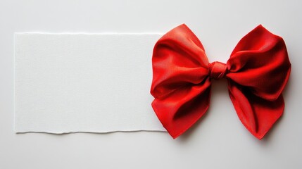 Elegant red satin bow on a blank white card ideal for gift wrapping or festive occasions on a clean background.