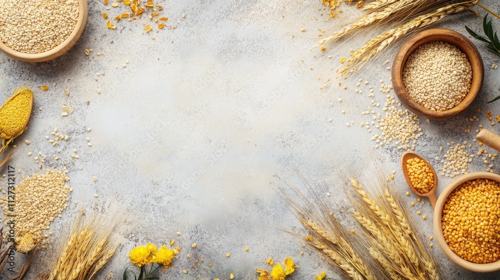Poster bulgur wheat and grains overhead food background with decorative elements and natural textures