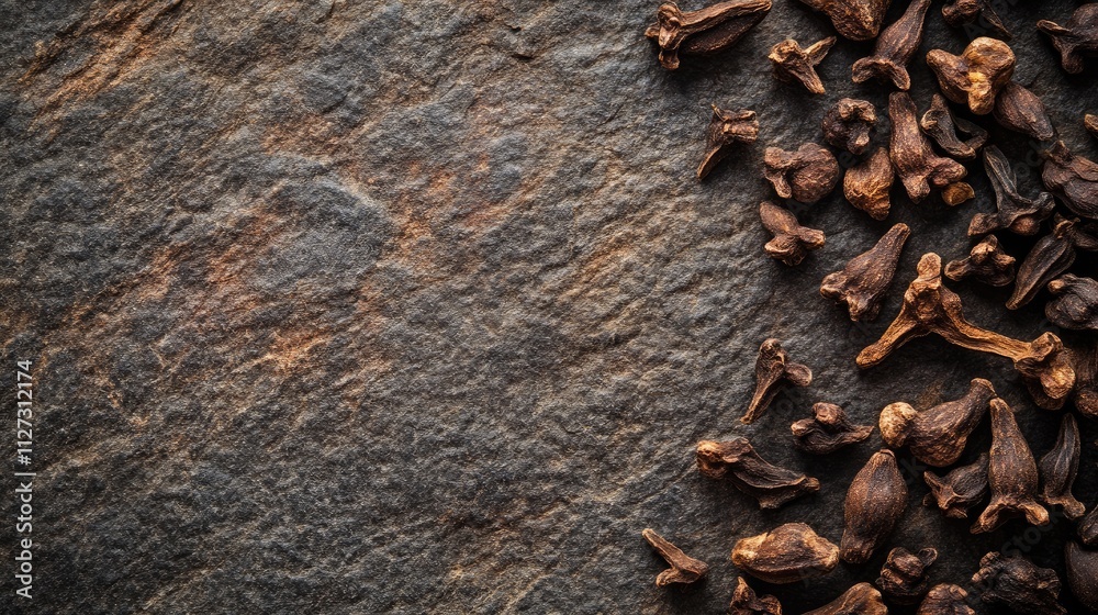Poster dried brown cloves arranged on a textured stone surface showcasing their rich color and unique shape