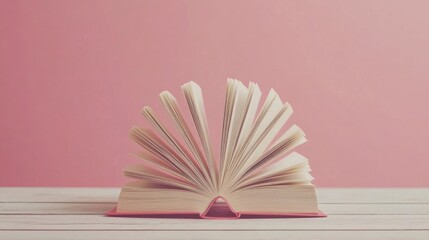 Open book with fanned pages on wooden table against pink background creating a warm education...