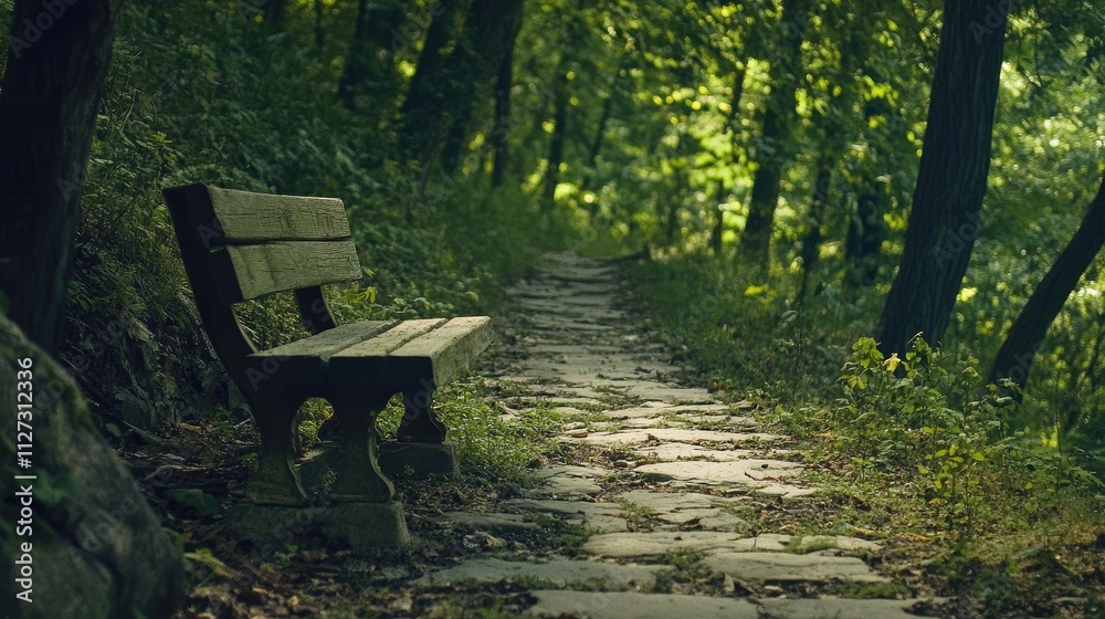 Poster Serene forest path with a wooden bench surrounded by lush greenery inviting peaceful rest in the summer shade of nature's beauty