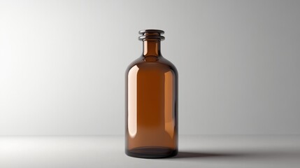Amber glass bottle isolated on a light background suitable for packaging branding design or pharmaceutical use.