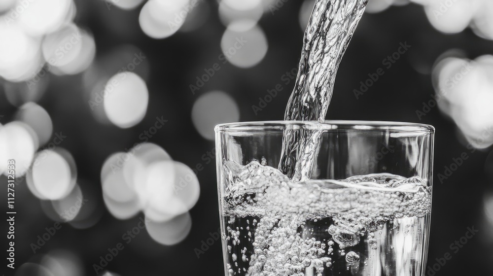 Poster cascading water pouring into a glass with bubbles set against a blurred backdrop in striking black a