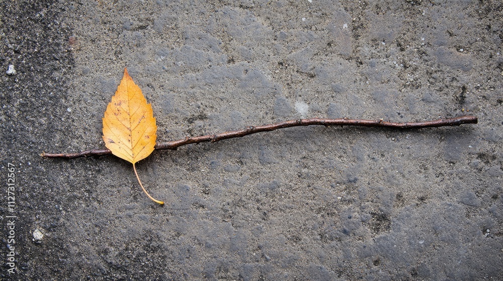 Aufkleber Autumn leaf and twig resting on a textured ground creating a natural background with warm seasonal tones and organic elements.