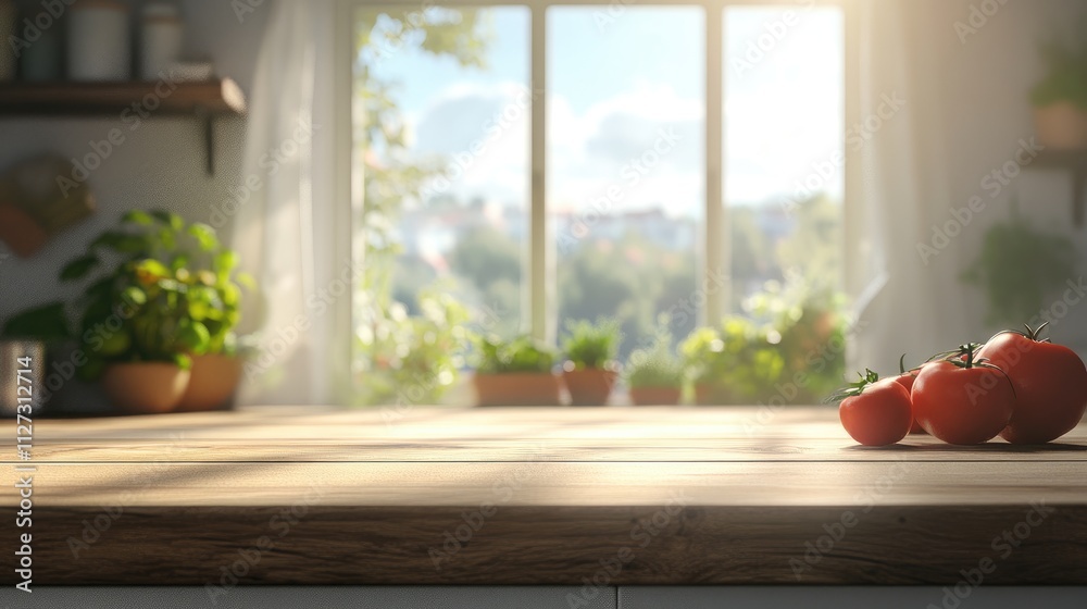 Poster bleached wooden tabletop with fresh tomatoes and a sunny blurred kitchen window view in summer setti
