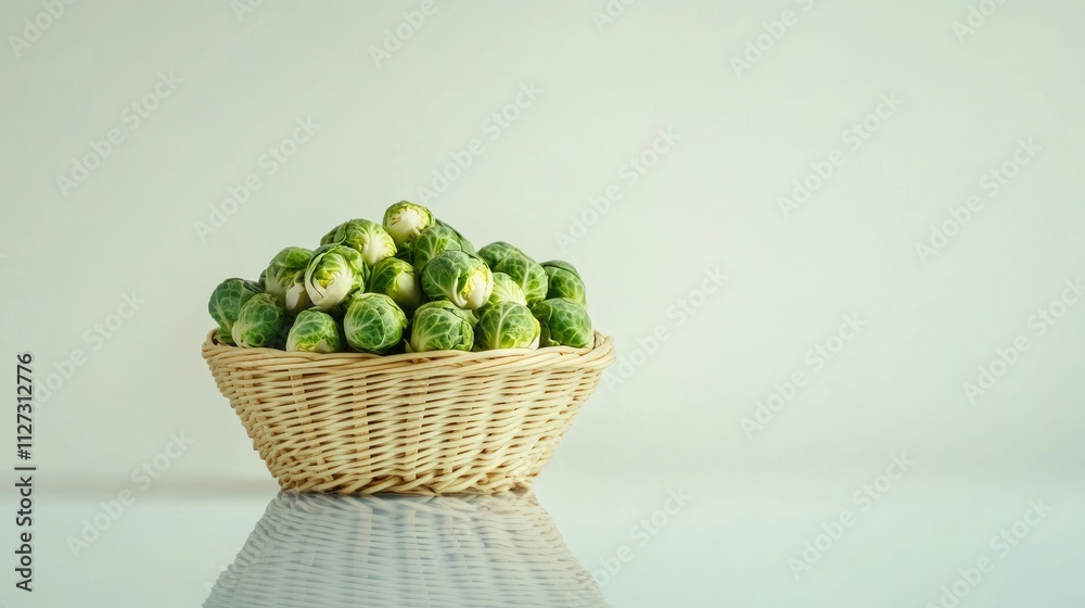 Poster Brussels sprouts arranged in a woven basket with a reflective surface and minimalist background for fresh produce presentation design