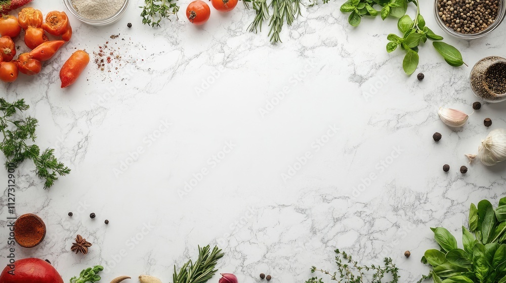 Poster fresh organic herbs and spices arranged on white marble background for cookbook cover mockup with am