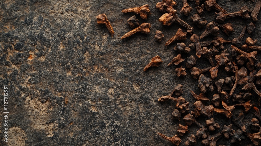 Poster dried brown cloves arranged on a rustic stone surface highlighting natural textures and rich earthy 