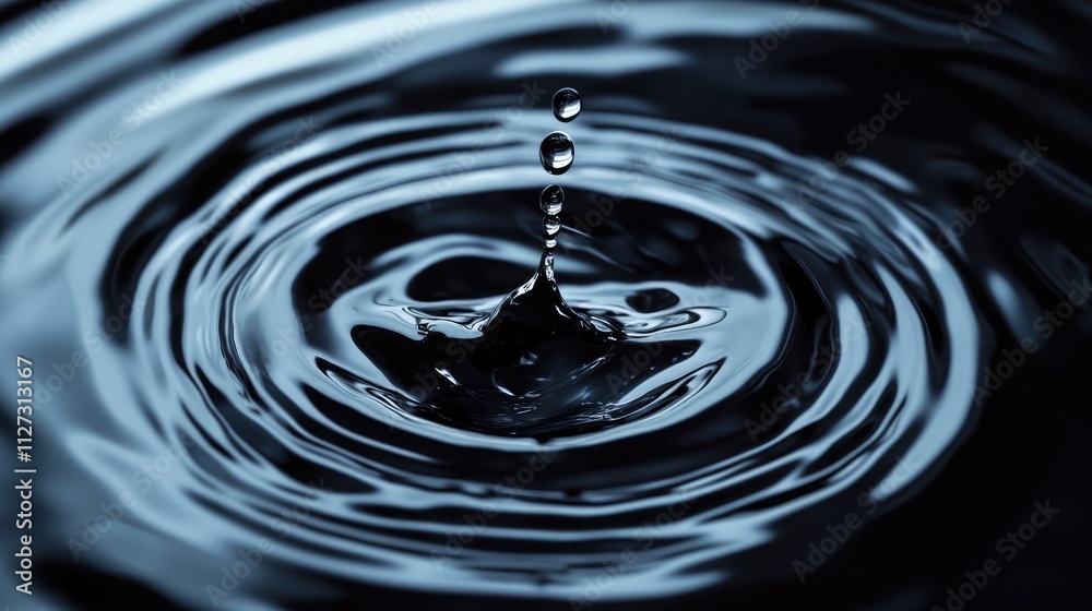 Poster close up of a single water droplet creating ripples on a smooth dark surface with reflections and in
