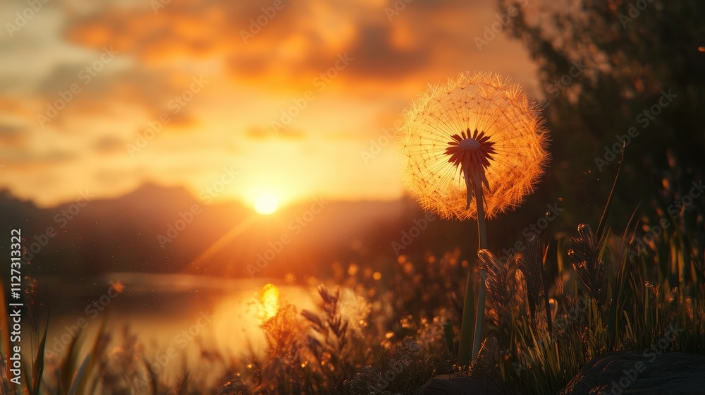 Poster dandelion flower glowing in the warm light of a sunset over a serene landscape with soft clouds and 