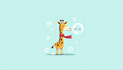 Naklejka premium Adorable giraffe wearing a red scarf surrounded by soap bubbles on a pastel blue background