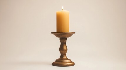 Elegant vintage candle holder with lit candle on a neutral background for home decor and ambiance enhancement concepts.