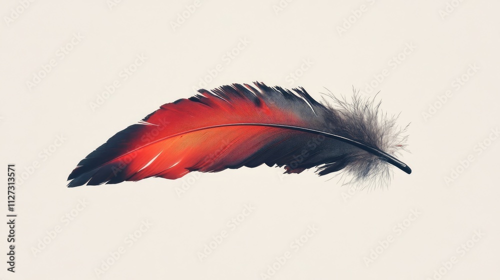 Poster colorful bird feather with vivid red and black hues isolated on neutral background showcasing nature