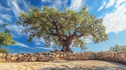 Majestic ancient tree with sprawling branches set against a vibrant sky and stone wall, symbolizing endurance and nature's beauty.