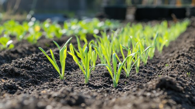 Calcot bulbs growing in a vibrant vegetable garden showcasing healthy onion cultivation in rich fertile soil.
