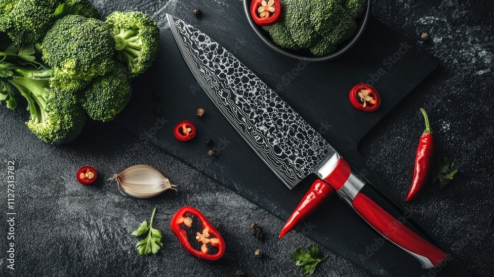 Poster Broccoli and red chili peppers arranged on a dark chopping board with a sharp knife and spices for vibrant culinary preparation