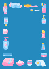 Background with hygiene objects. Washing, beauty, body care. Personal hygiene and self care items.