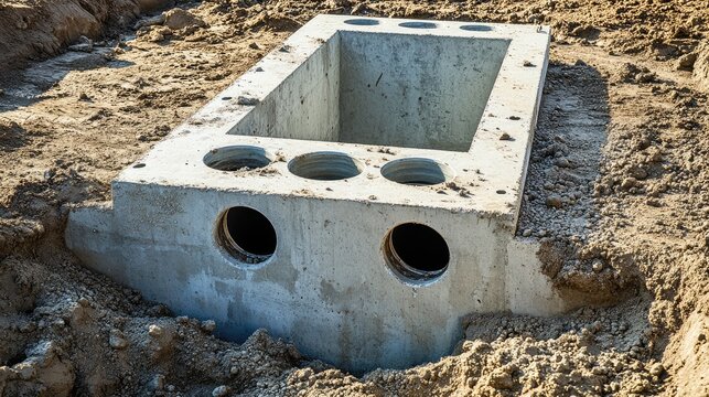 Rectangular drainage system installation with concrete pipes in urban construction site for effective water management and sewerage solutions