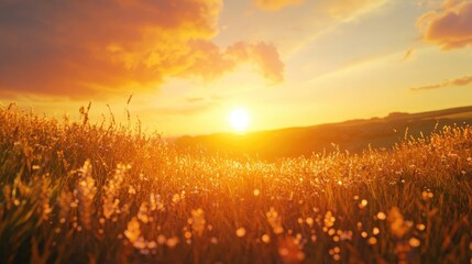 Stunning countryside sunset landscape with golden hour light illuminating vibrant fields and a dramatic sky full of warm colors