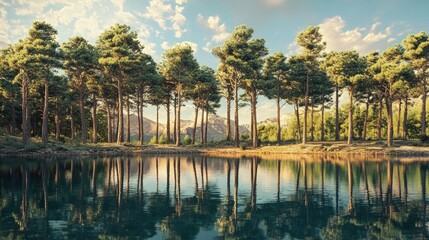 Obraz premium Serene pine forest at sunset with reflections on calm lake waters under a clear blue sky showcasing nature's tranquility and beauty.