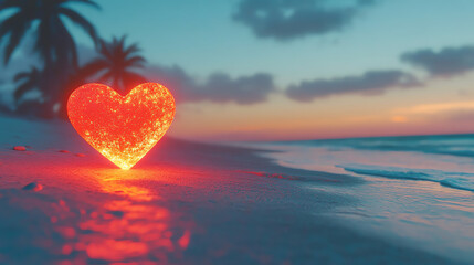 Fototapeta premium Heart on a sandy beach glowing at dusk flat design side view warm evening theme animation Complementary Color Scheme