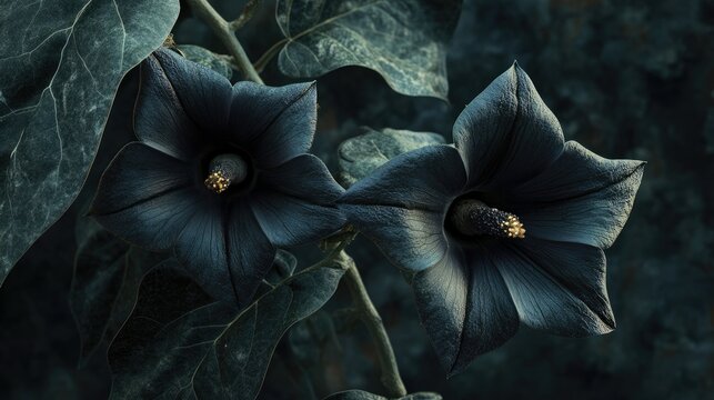 Black Datura flowers showcasing unique morphology and deep colors highlighting their medicinal significance and natural beauty.