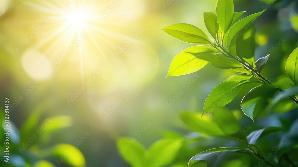 Poster lush green foliage with soft focus background and bright sunlight rays radiating from the center cre