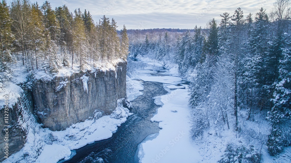 Poster Aerial view of a serene snowy forest with a flowing river and steep cliffs in pristine winter wilderness landscape