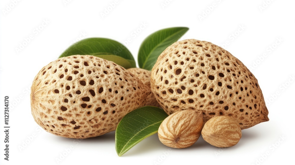 Poster almonds in their shells with green leaves isolated on white background showcasing natural textures a