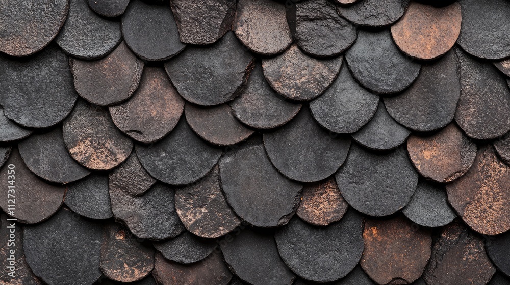 Poster Textured black asphalt shingles covering a roof with overlapping circular shapes highlighting architectural design and durability in construction.