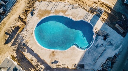 Swimming pool construction site with clear blue water in a hotel complex showing concrete and machinery in the surrounding area