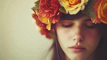 Naklejka premium Elegant portrait of a woman adorned with a floral crown in gentle, soft lighting