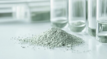 Closeup of chemical powders including Cetyl Esters Wax Ferrous Sulfate and Zinc Powder on a white laboratory table with test tubes