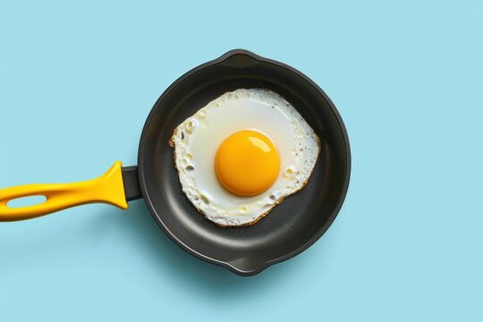 Fried egg in a black frying pan on a light blue background, showcasing vibrant yellow yolk and white Perfect for food related content and recipes