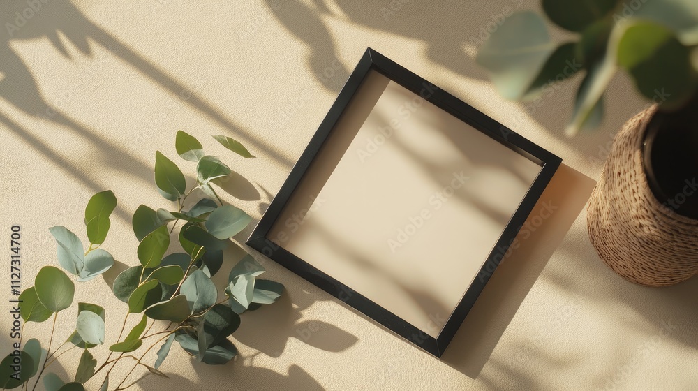 Poster black square frame mockup elegantly displayed on a beige table surrounded by eucalyptus leaves and n