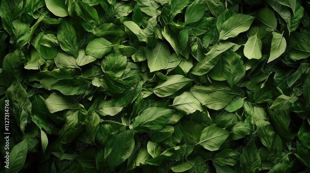 Poster High angle view of a dense pile of fresh green leaves on a natural background with free space for text or messaging on the left side