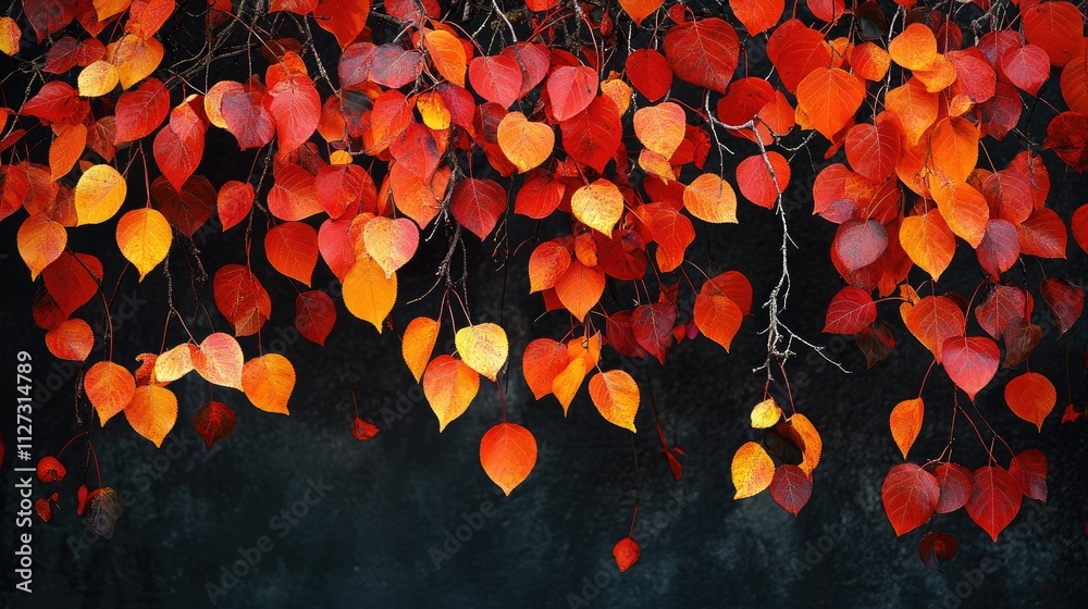 Poster Vibrant Fall Leaves Creating a Stunning Autumn Background with Cascading Colors Against a Dark Backdrop