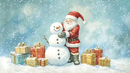 Fototapeta premium Santa Claus building a snowman with presents around flat design front view snowy day theme water color colored pastel