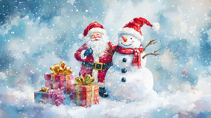 Santa Claus building a snowman with presents around flat design front view snowy day theme water color colored pastel
