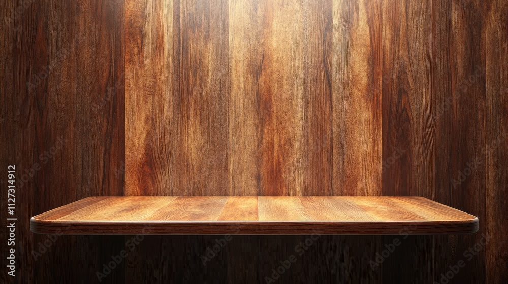 Poster wooden shelf against a textured wooden background for showcasing products and enhancing display pres
