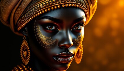 Regal African Queen Golden Elegance Portrait Art  Digital Painting of a Woman in Traditional Headwrap and Jewelry