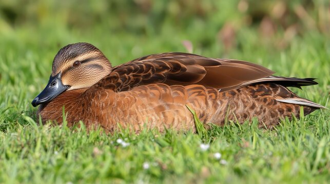 Brown female mallard duck resting on lush green grass captured in a close-up portrait showcasing its vibrant feathers and serene demeanor.
