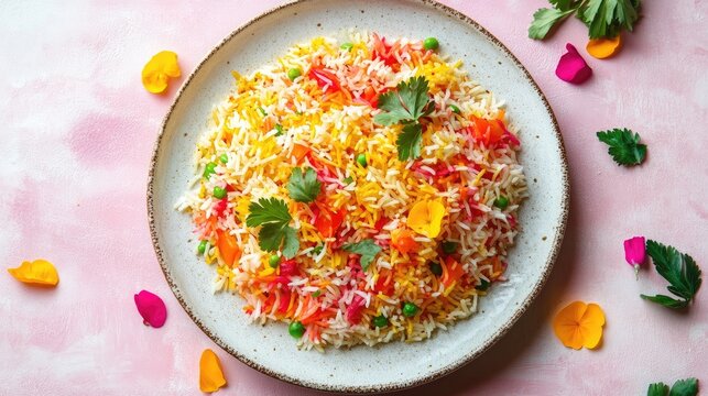 Vibrant Pakistani Zarda rice garnished with fresh herbs and edible flowers on a decorative plate against a soft pink background