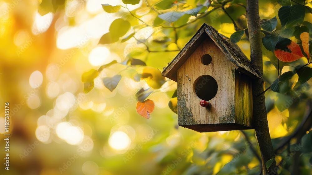 Aufkleber birdhouse hanging on a tree surrounded by blurred green leaves and sunlight filtering through the fo