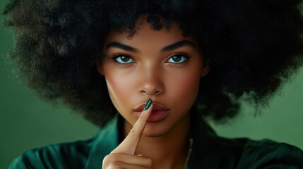Obraz premium Mysterious beautiful woman with Afro hair presses index finger to folded lips makes hush gesture and asks to be quiet asks politely to keep silence prohibits talking during meeting wears green clothe