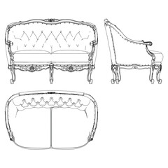 Sofa for the living room hand-painted in different sizes and types, Elegant baroque and classical designs. Vector Illustration with Front, Side, and Top Views