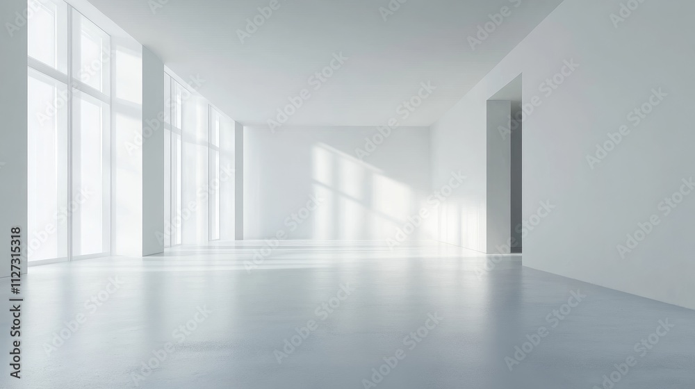Poster spacious bright white office interior with large windows and soft natural light creating a serene at