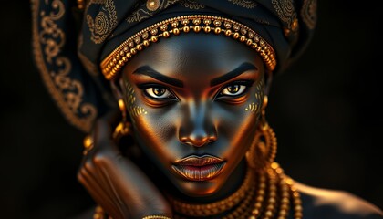 Magnificent African Queen Portrait Golden Adornment Beauty Elegance