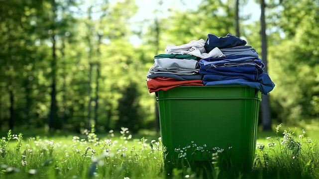 A green recycling bin overflowing with folded clothes, surrounded by nature, symbolizing textile recycling and environmental responsibility.